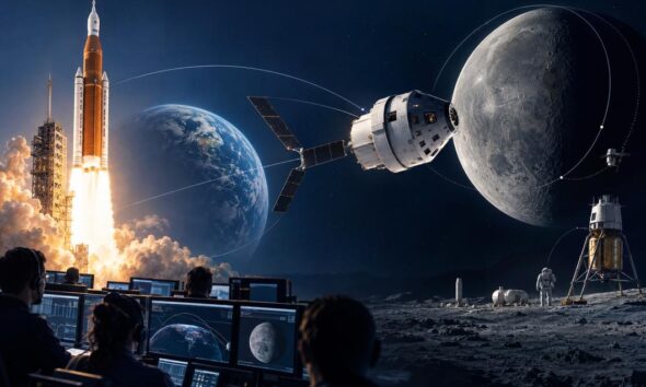 Ilustracija aktualne faze NASA-inog Artemis programa s Orionom, SLS-om, Zemljom i Mjesecom.