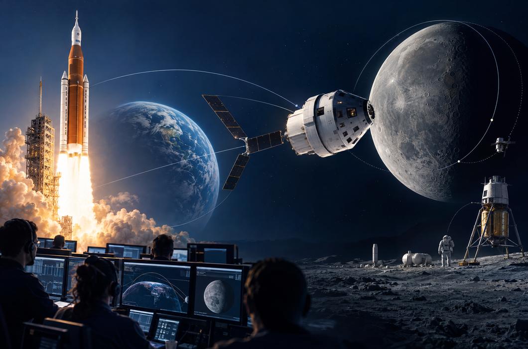 Ilustracija aktualne faze NASA-inog Artemis programa s Orionom, SLS-om, Zemljom i Mjesecom.