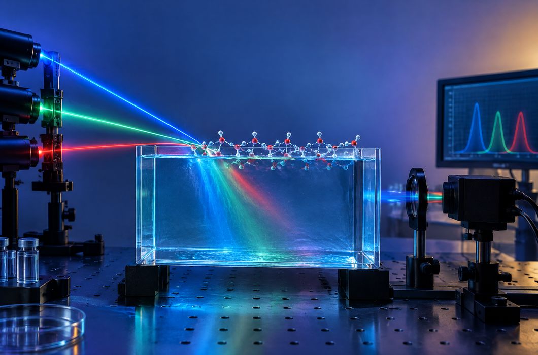 Laboratorijska ilustracija vode obasjane laserima i molekularnih veza na površini vode.