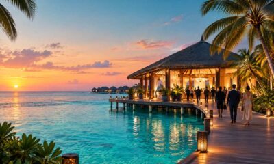 Ilustracija turističke ceremonije na Maldivima uz tropski resort i lagunu.