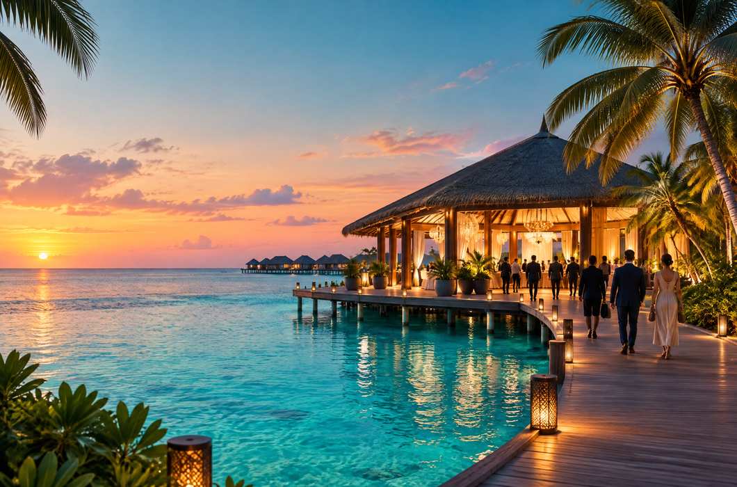 Ilustracija turističke ceremonije na Maldivima uz tropski resort i lagunu.