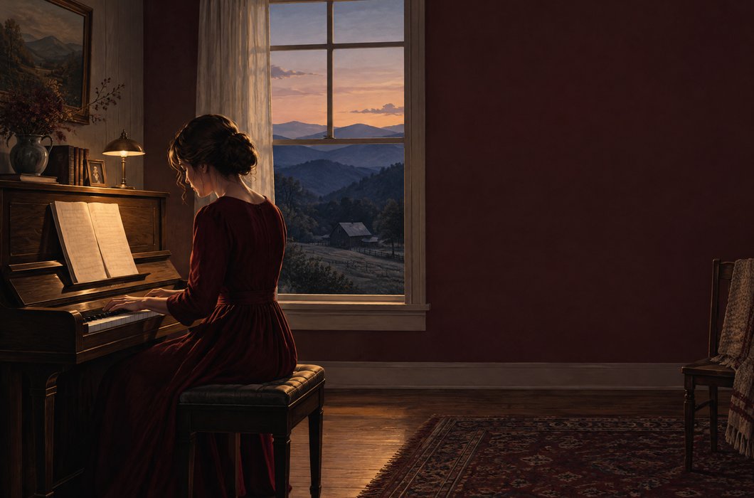 Ilustracija romana Partita: pijanistica, klavir i ruralni krajolik u atmosferi književne priče.