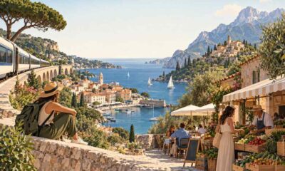 Ilustracija europskog turizma izvan glavne sezone s vlakom, obalom, planinama i lokalnim putnicima.