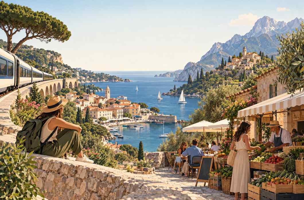 Ilustracija europskog turizma izvan glavne sezone s vlakom, obalom, planinama i lokalnim putnicima.