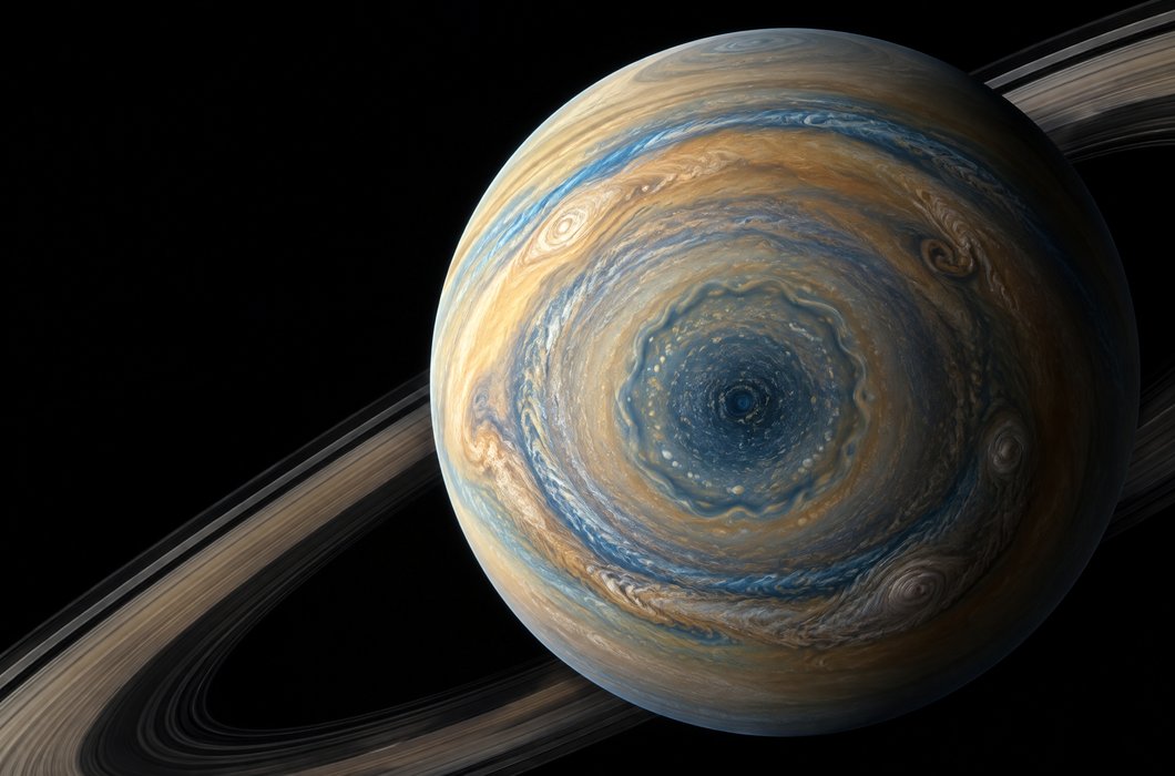 Ilustracija Saturnova južnog pola s deseterokutnim atmosferskim valom.