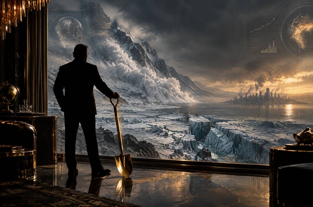 Filmska ilustracija naftnog magnata, klimatske katastrofe, ledene ploče i grada.