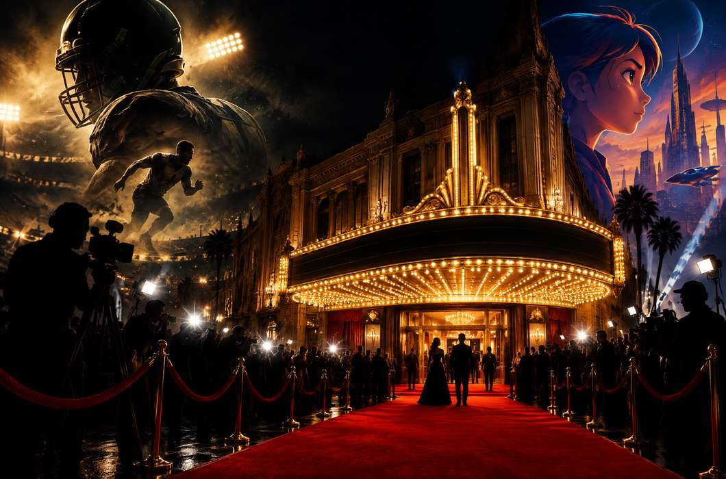 Ilustracija hollywoodske filmske premijere na crvenom tepihu.