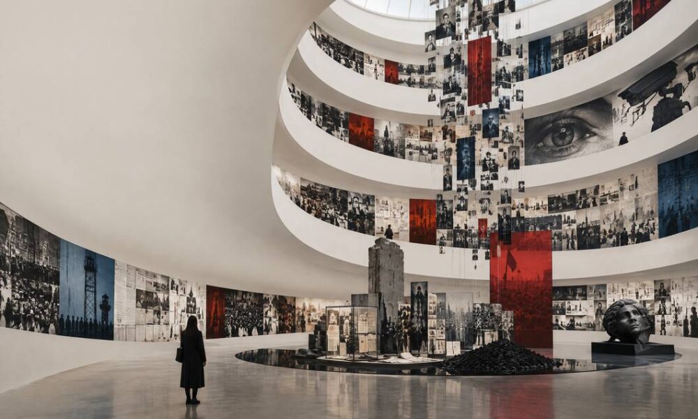 Ilustracija monumentalne suvremene umjetničke instalacije u spiralnoj muzejskoj rotundi.