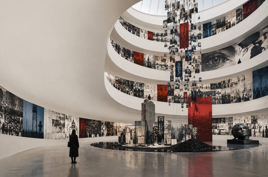 Ilustracija monumentalne suvremene umjetničke instalacije u spiralnoj muzejskoj rotundi.