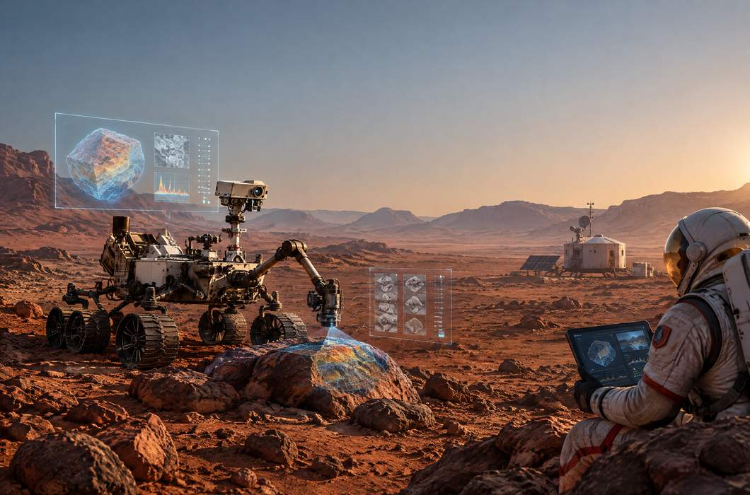 Ilustracija umjetne inteligencije koja pomaže roveru i astronautu u istraživanju svemira.