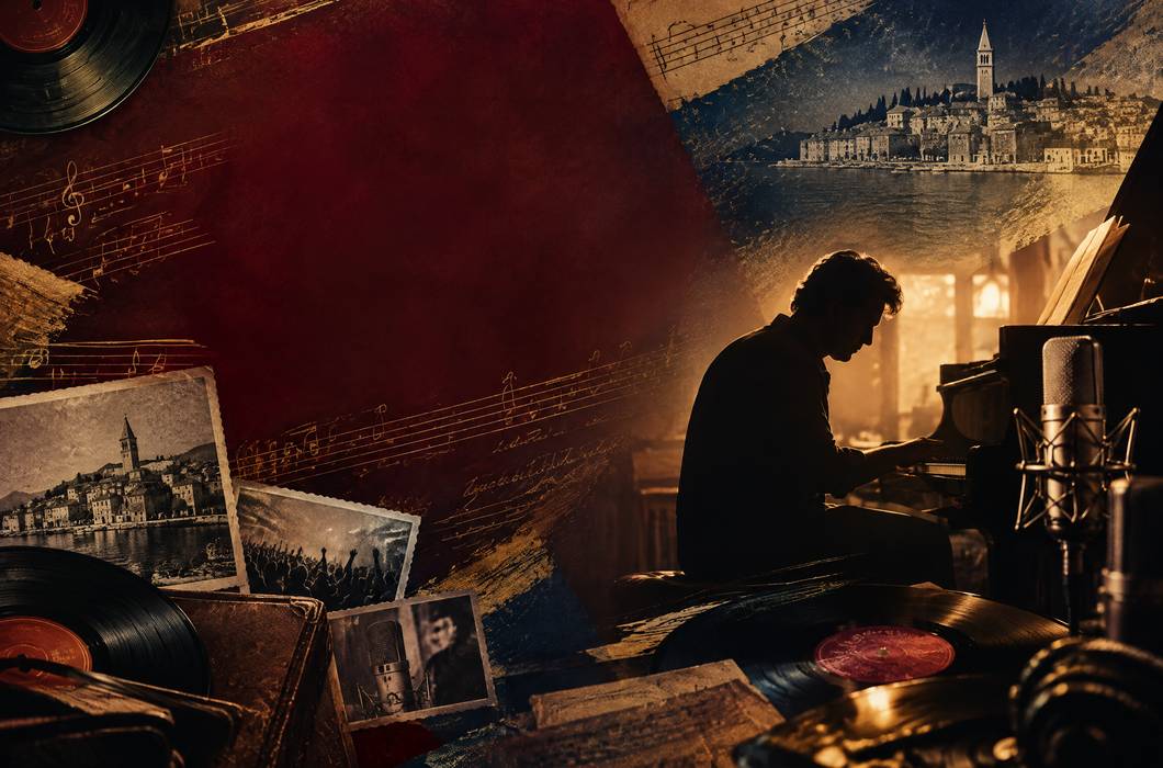 Ilustracija skladatelja za klavirom, mikrofona, nota i vinilnih ploča u glazbenom dokumentarcu.