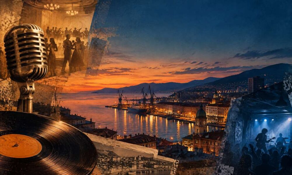 Ilustracija riječke glazbene povijesti uz luku, radio i gramofonsku ploču.
