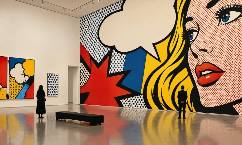 Ilustracija pop-art muzejske retrospektive s točkastim uzorcima i grafičkim oblicima.