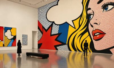 Ilustracija pop-art muzejske retrospektive s točkastim uzorcima i grafičkim oblicima.