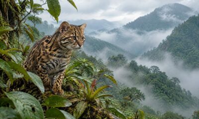 Ilustracija male pjegave divlje mačke Leopardus tilcayo u bolivijskoj oblačnoj šumi.