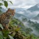 Ilustracija male pjegave divlje mačke Leopardus tilcayo u bolivijskoj oblačnoj šumi.