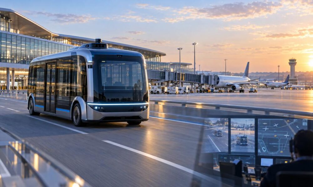 Ilustracija autonomnog shuttle autobusa u zračnoj luci Zürich i udaljenog nadzora.