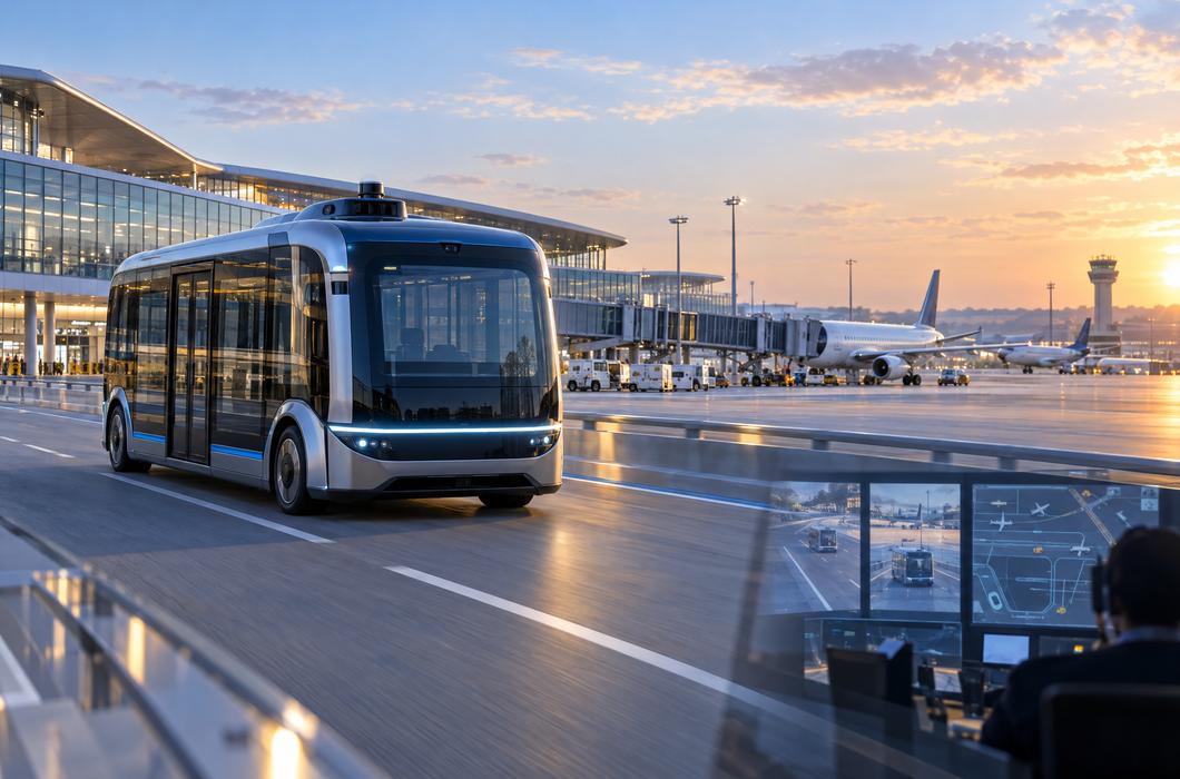 Ilustracija autonomnog shuttle autobusa u zračnoj luci Zürich i udaljenog nadzora.