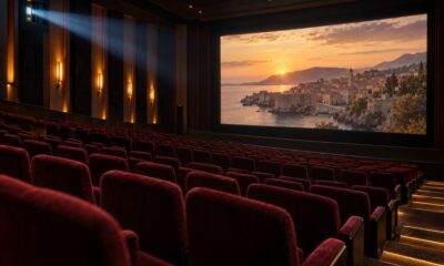 Filmsko platno u kinu s redovima crvenih sjedala i prigušenim svjetlom