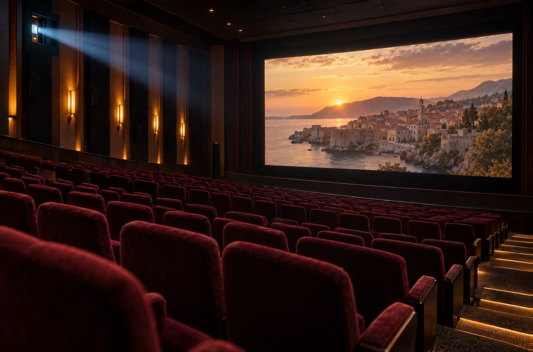 Filmsko platno u kinu s redovima crvenih sjedala i prigušenim svjetlom