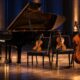 Klavir, violina, viola i violončelo na osvijetljenoj pozornici komornog koncerta