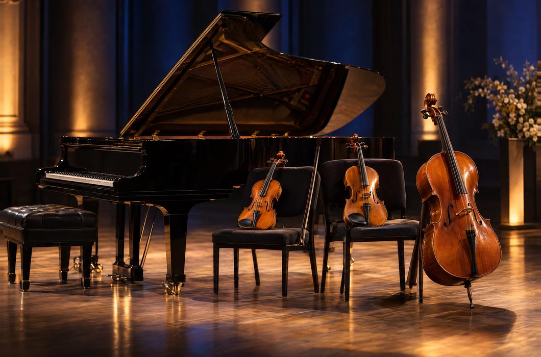 Klavir, violina, viola i violončelo na osvijetljenoj pozornici komornog koncerta