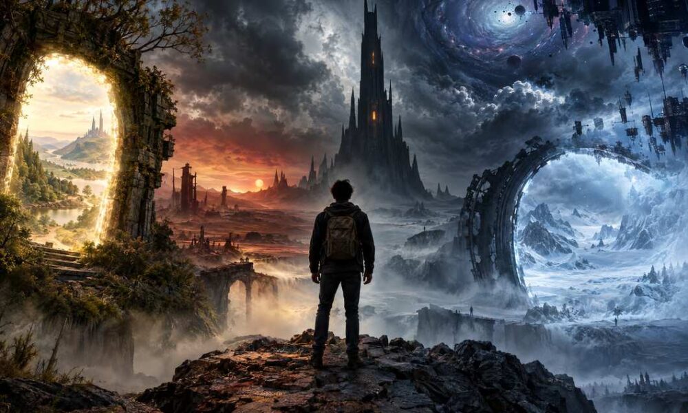 Fantastična ilustracija junaka između više paralelnih svjetova.