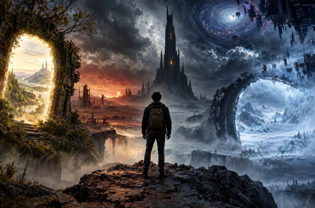 Fantastična ilustracija junaka između više paralelnih svjetova.