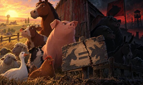 Filmska ilustracija animirane ekranizacije Orwellove Životinjske farme sa životinjama ispred farme.