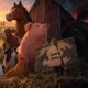 Filmska ilustracija animirane ekranizacije Orwellove Životinjske farme sa životinjama ispred farme.