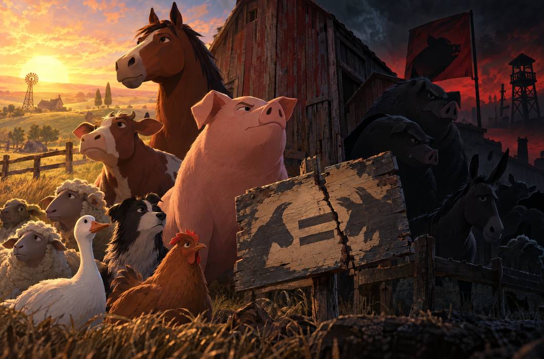 Filmska ilustracija animirane ekranizacije Orwellove Životinjske farme sa životinjama ispred farme.
