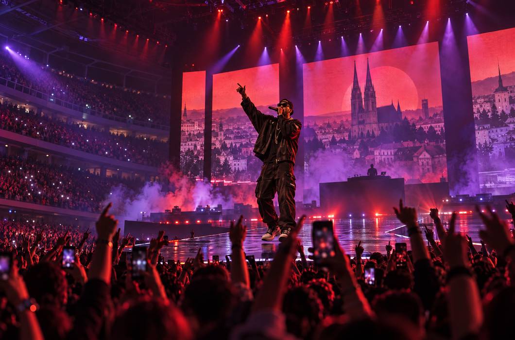 Koncertna ilustracija hip-hop izvođača na pozornici Arene Zagreb.