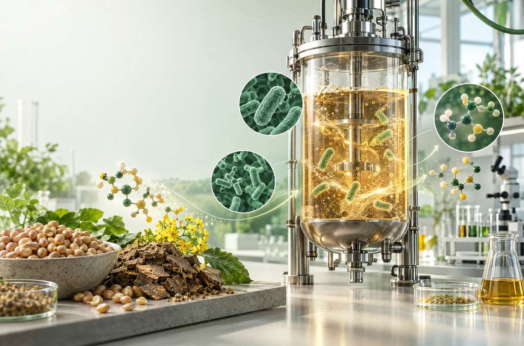 Ilustracija fermentacije biljnih proteina bakterijama i povećanja količine aminokiseline lizina.