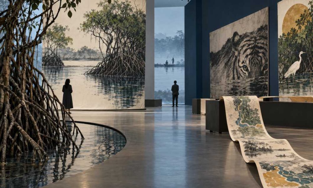 Ilustracija muzejske izložbe inspirirane Sundarbansom, mangrovama i klimatskom krizom.