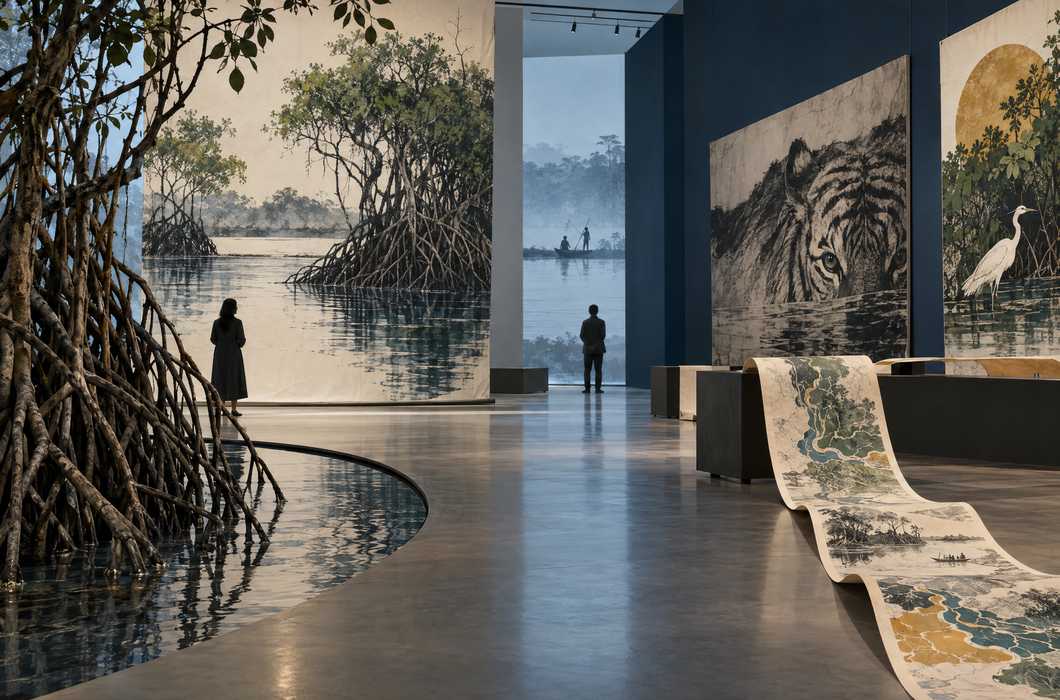 Ilustracija muzejske izložbe inspirirane Sundarbansom, mangrovama i klimatskom krizom.