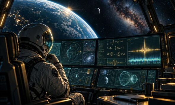 Filmska ilustracija astronauta koji u svemirskoj letjelici proučava znanstvene podatke i nepoznati signal.