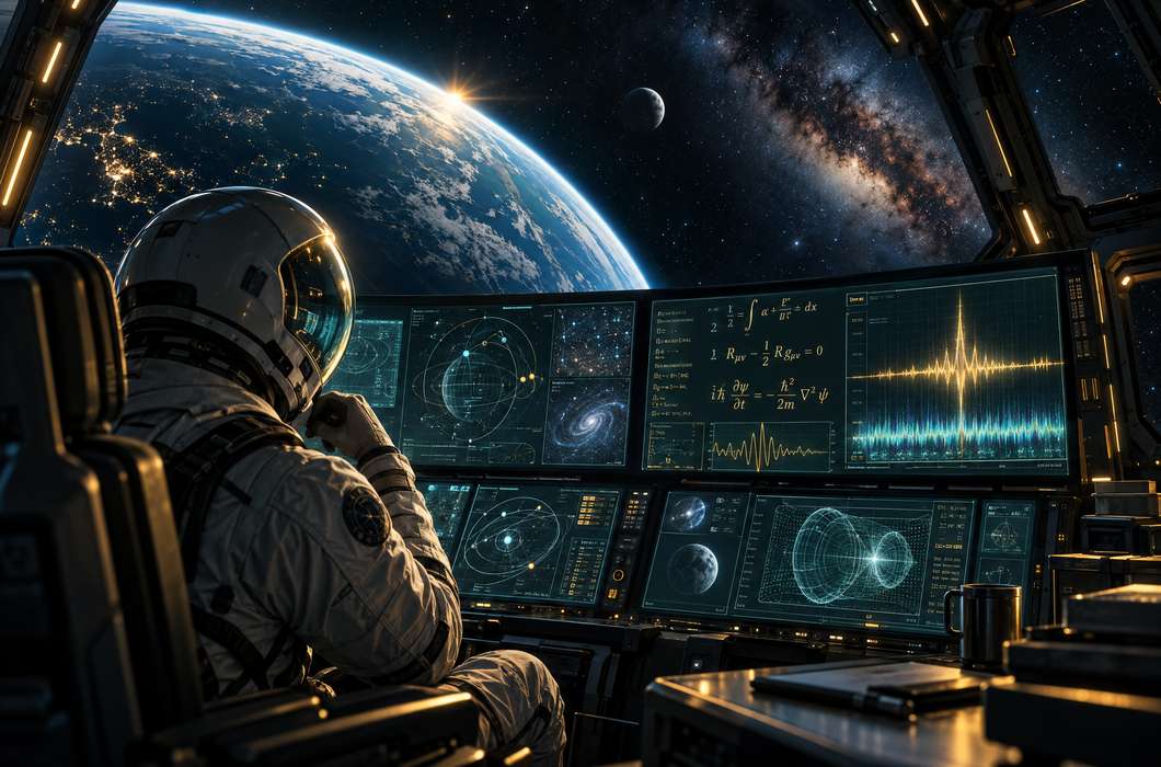 Filmska ilustracija astronauta koji u svemirskoj letjelici proučava znanstvene podatke i nepoznati signal.