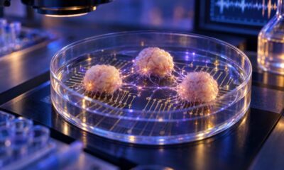 Ilustracija triju ljudskih moždanih organoida povezanih neuralnim vlaknima na laboratorijskom čipu.
