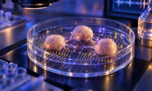 Ilustracija triju ljudskih moždanih organoida povezanih neuralnim vlaknima na laboratorijskom čipu.