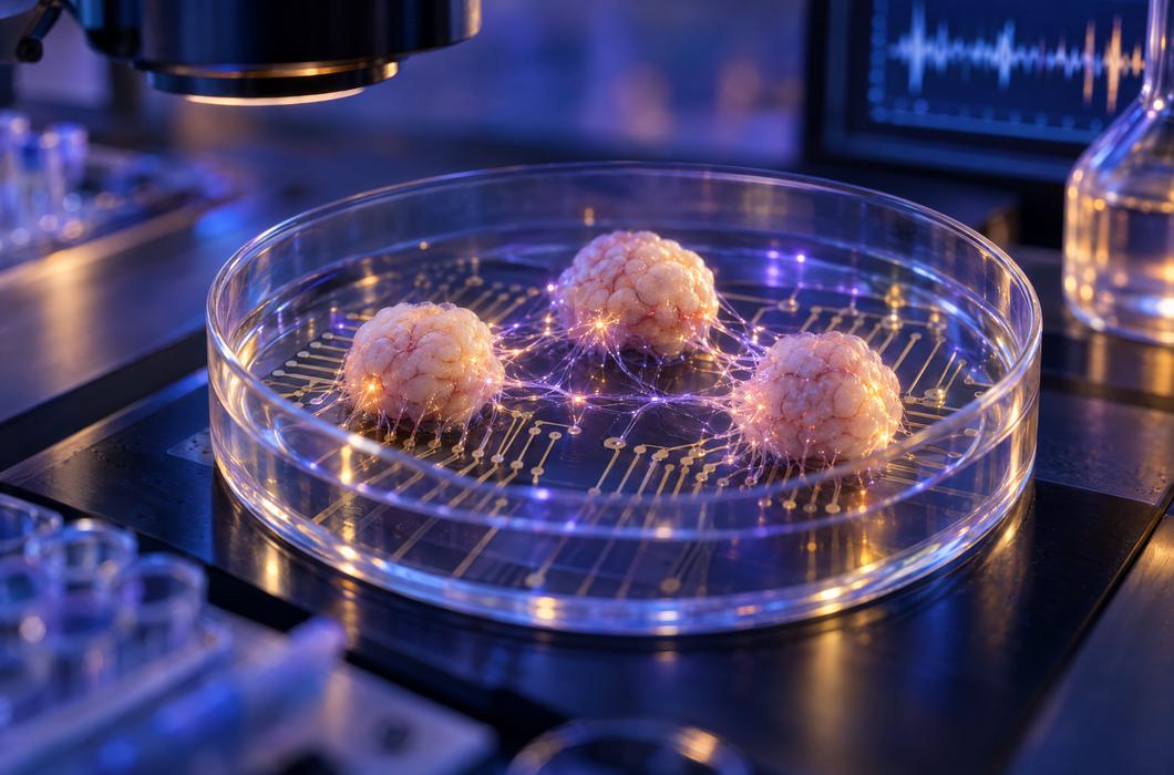 Ilustracija triju ljudskih moždanih organoida povezanih neuralnim vlaknima na laboratorijskom čipu.