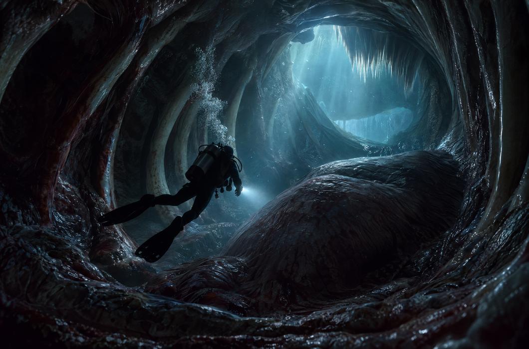 Ilustracija ronioca zarobljenog u utrobi kita u filmu U dubinama.