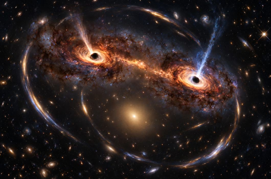 Dva aktivna supermasivna crna rupa u dalekoj galaksiji i gravitacijske leće