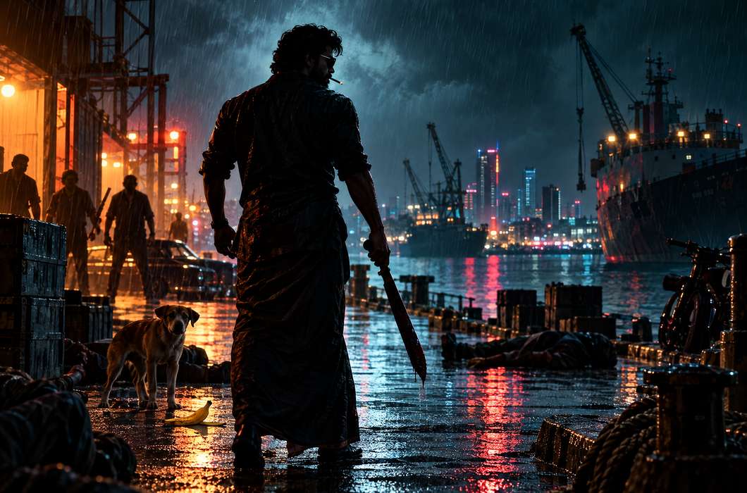 Filmska ilustracija za akcijski film Jailer 2 u kišnom urbanom okruženju