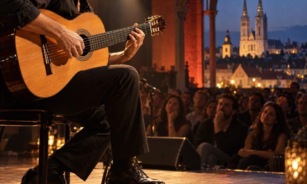 Akustični gitarist na intimnoj koncertnoj pozornici.