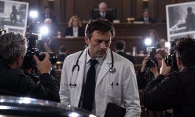 Neutralna filmska scena liječnika u sudnici okruženog medijima