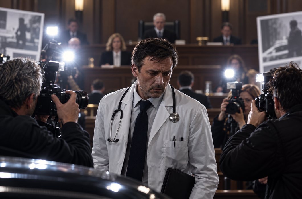 Neutralna filmska scena liječnika u sudnici okruženog medijima