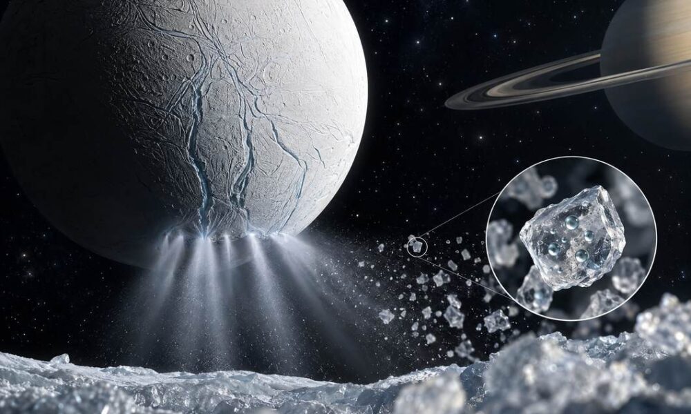 Enceladus s ledenom korom i mlazovima koji izbijaju iz podzemnog oceana
