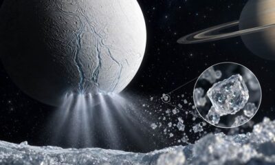 Enceladus s ledenom korom i mlazovima koji izbijaju iz podzemnog oceana