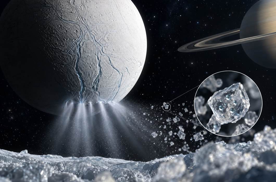 Enceladus s ledenom korom i mlazovima koji izbijaju iz podzemnog oceana