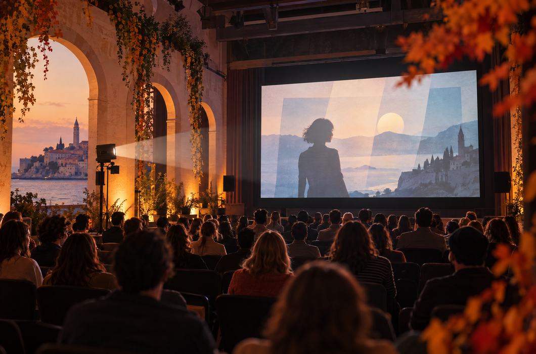 Filmski festival s publikom, projekcijskim platnom i festivalskom atmosferom